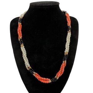 Vintage Multi-Strand Coral Onyx & Faux Pearl Beaded Necklace With Gold-Plated St
